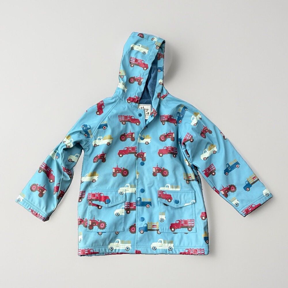 Hatley Boys Blue Farm Tractors Rain Jacket Coat Hooded Terry Lined 7